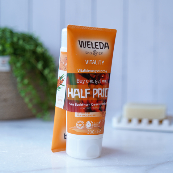 Weleda Vitality Aroma Creamy Body Wash 200ml - OFFER, two orange tubes of natural sea buckthorn creamy body wash with  Buy 1 Get 1 Half Price band