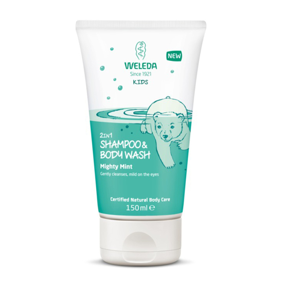 Weleda kids 2 in 1 Mighty Mint shampoo and bodywash on a white background