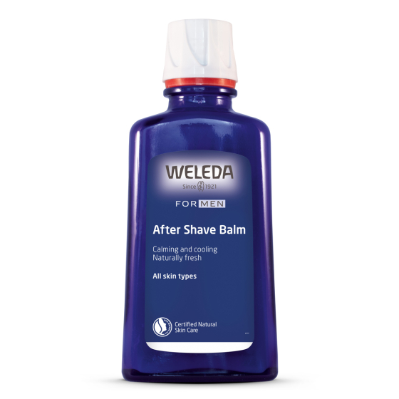 Blue bottle of men's Weleda moisturising after shave balm on a white background