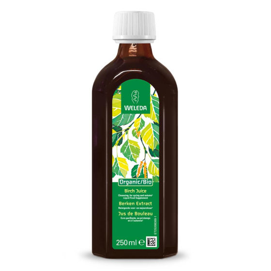 Weleda natural birch juice drink bottle on a white background