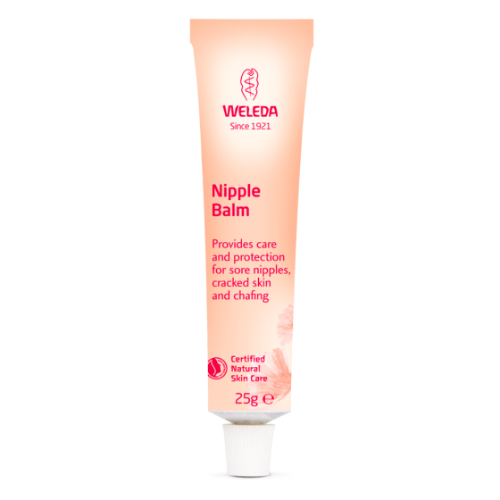 Weleda Natural Nipple Balm 25g, packed full of soothing and protective natural ingredients. A light pink tube on white background