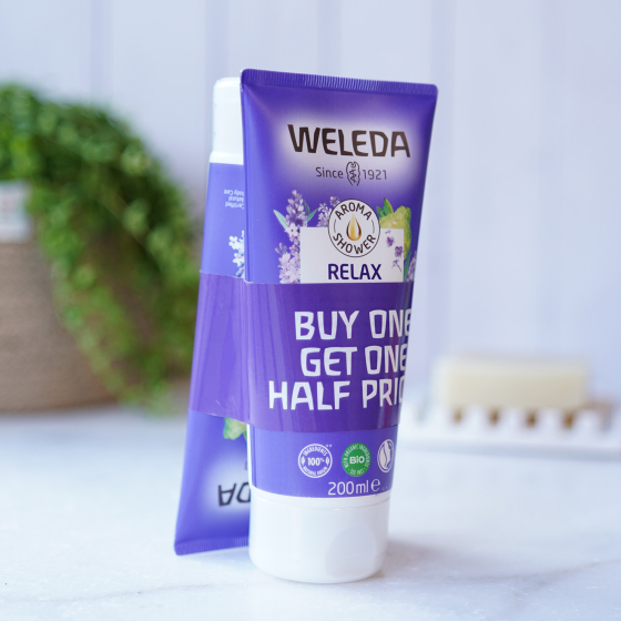 Weleda Relax Aroma Shower Gel 200ml - OFFER, two blue tubes of natural lavender shower gel with  Buy 1 Get 1 Half Price band