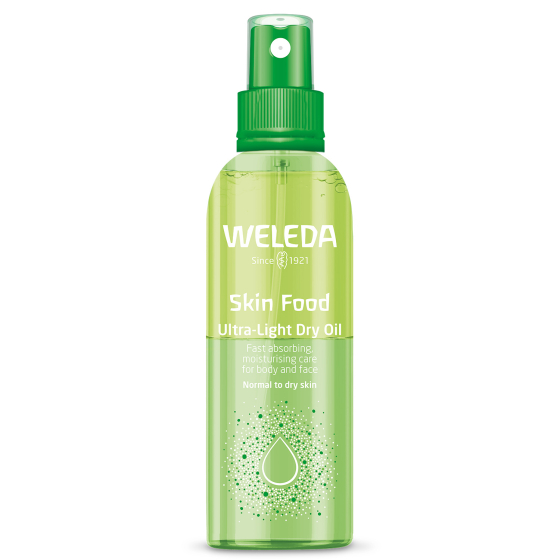 Weleda Skin Food Ultra-Light Skin Food Dry Oil 100ml in green spray bottle on white back ground