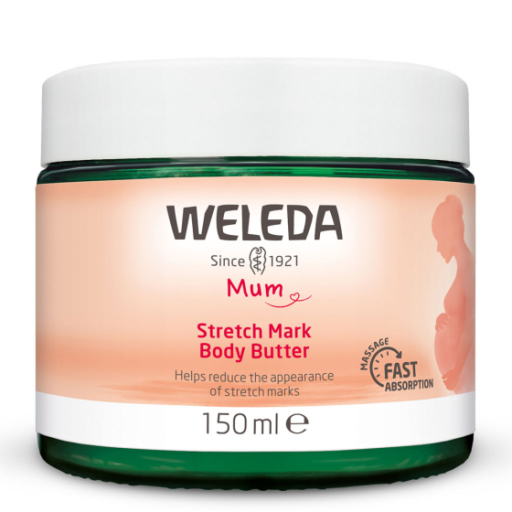 Weleda Stretch Mark Body Butter in a glass jar pictured on a plain white background