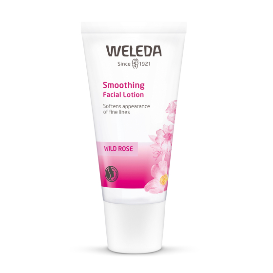 Weleda Wild Rose Smoothing Facial Lotion 30ml on a plain background.