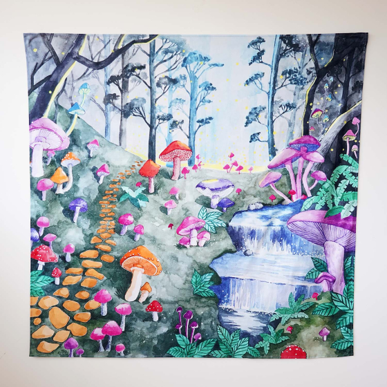 Wonderie sensory play cloth, Enchanted Toadstool Forest. A beautiful, and enchanting forest scene filled with colourful toadstools in pink, orange, purple and red, nestled between a flowing, stepped waterscape and an orange footpath.