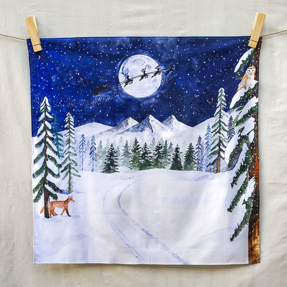 On a starry winter's night Wonderie Wonder Cloth. The earth is coated in a glistening blanket of snow. As animals peek out from their shelters, the sky shimmers with countless stars and Santa is flying through the sky with his reindeer, leaving magic ever