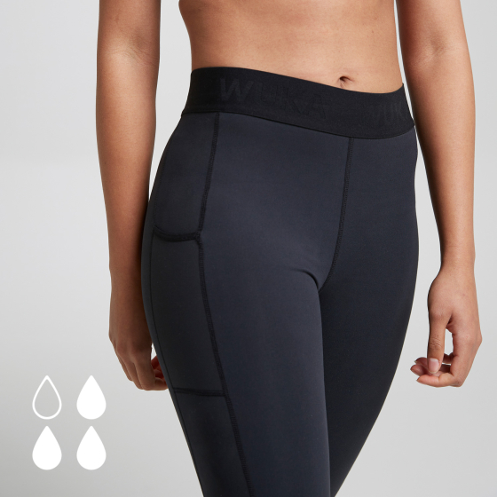 Close up of woman stood on a grey background wearing the WUKA leakproof performance period leggings