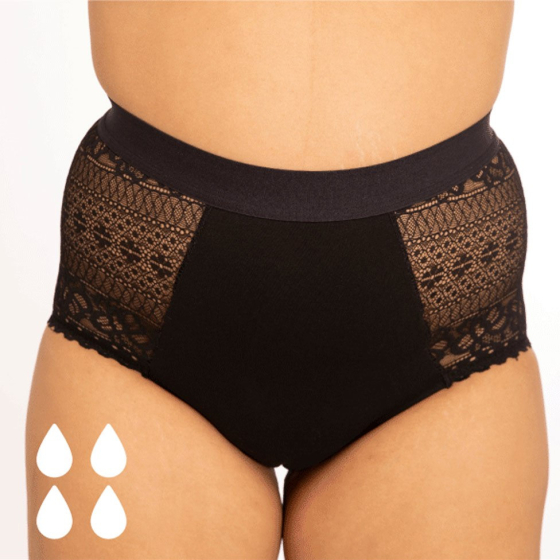 Close up of person wearing the WUKA reusable high waisted lace period pants on a white background