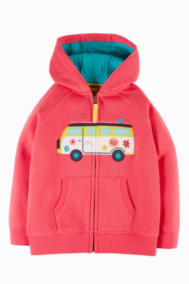 vibrant pink organic cotton zip-up hooded sweater with a fun campervan applique, two handy pockets and a cosy blue lined hood from frugi