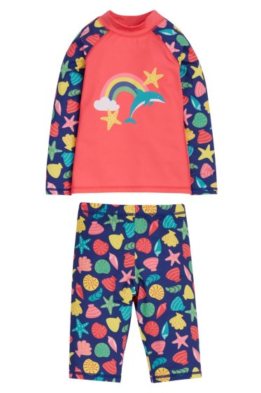 two part Sun Safe Swimwear Set for children with the seashells print on the purple and watermelon pink background from frugi