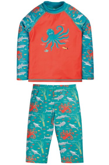  two part Sun Safe Set for children with the what lies below print on teal and orange background from frugi
