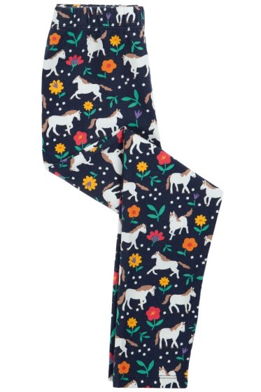 indigo blue leggings for children with the white horses and flowers print from frugi