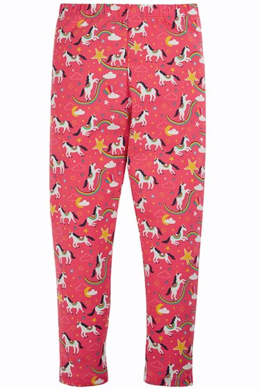 These organic cotton Frugi Cosmic Unicorn Libby Printed Leggings for children are pink with a colourful rainbow, stars and unicorn design
