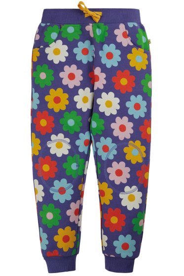 purple snug joggers with bold flowers print from frugi