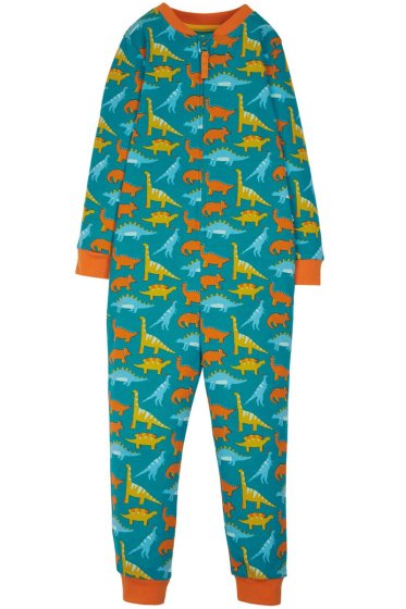 This Frugi Jurassic Coast Zelah Zip Up All In One is a blue organic cotton onesie for children with a dinosaur print in blue, yellow and orange, and orange trim and stretchy cuffs.
