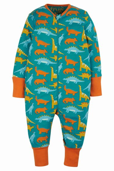 teal zip up romper with dinos print and orange cuffs from frugi