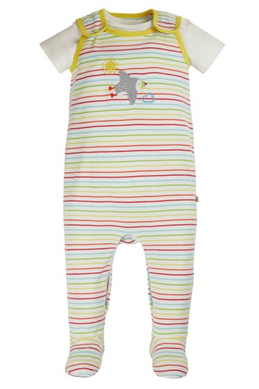 little summer baby dungaree gift set is white with a colourful multi stripe design with yellow trim, a central puffin applique and poppers around the legs for fuss-free nappy changes. The co-ordinating white baby body has short sleeves, and envelope neck 