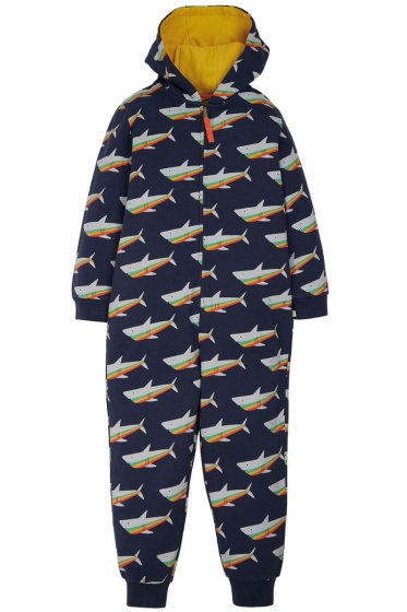 This Frugi Rainbow Sharks Big Snuggle all-in-one is indigo blue with a colourful rainbow shark design and has a hood lined with yellow jersey, a long zip for easy dressing and stretchy rib cuffs