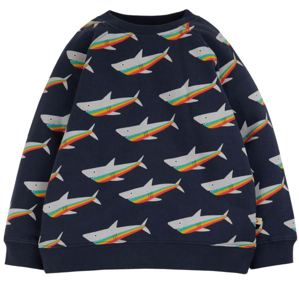 indigo blue jumper for children with rainbow sharks design from frugi