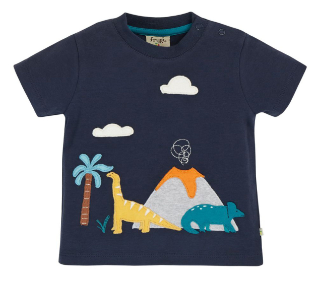 indigo short sleeve top with the dinosaurs and volcano applique from frugi