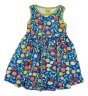 Organic cotton children sleeveless gather skirt dress with fresh and zesty citrus print on blue from DUNS.