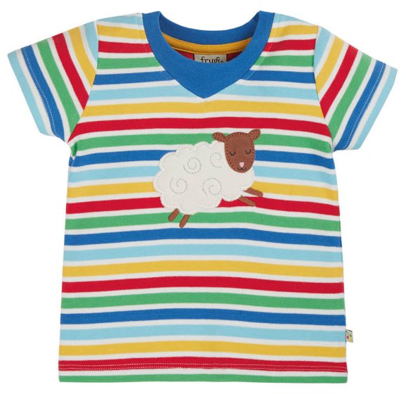 short sleeve easy on tee with the sheep applique and alternating green, white, red, yellow, light blue and blue stripes from frugi