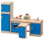 Plan Toys Wooden Dolls House Neo Kitchen Set. This classic Plan Toys Neo Dolls House furniture set is made from solid sustainable natural rubberwood with blue doors. 