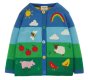 We love this this fun organic cotton Frugi Farmyard Cuddly Knitted Cardigan for babies and toddlers in blue and green stripes, colourful buttons, and a playful knitted farmyard scene on the front.