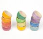Grapat 12 Rainbow Wooden Sorting Bowls, stacked in the colours of the rainbow. Perfect toy bowls for sorting, counting and matching. White background. 