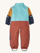 The back of the on the Patagonia Little Kids Snow Pile Waterproof Insulated One-Piece, without he hood. The colours of this One-Piece is light blue, orange, navy and red outer shell, and a light green lining (not advertised), there are horizontal reflecti