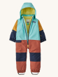 Open zip on the Patagonia Little Kids Snow Pile Waterproof Insulated One-Piece. The colours of this One-Piece is light blue, orange, navy and red outer shell, and a light green lining (not advertised). The image is set on a cream background.