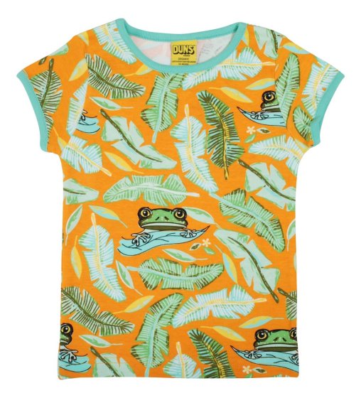 Organic cotton children short sleeve top with tree frog and leafy foliage print on orange from DUNS