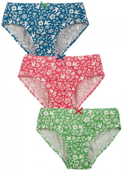 Frugi Organic cotton 3 pack polly briefs in green, pink and indigo with al over white floral and bird print