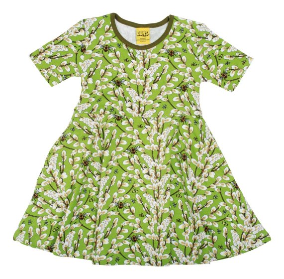 Organic cotton children short sleeve skater dress with delicate goat willow and busy bumblebees print from DUNS