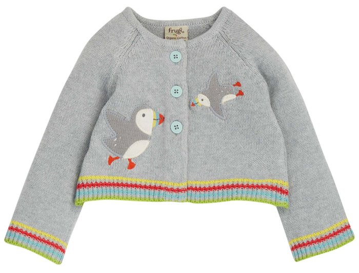 grey frugi organic cardigan knitted with puffin applique and stripe detail on sleeves