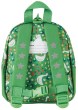 Frugi Little Adventures backpack with prints of geese, flowers and carrots all over and green shoulder straps with grey stars printed on