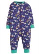 purple long-sleeved zip up sleepsuit for babies and toddlers with a colourful unicorn, stars and rainbows all-over print. This full length zip up playsuit romper has contrasting aqua stretchy ribbed sleeve and ankle cuffs