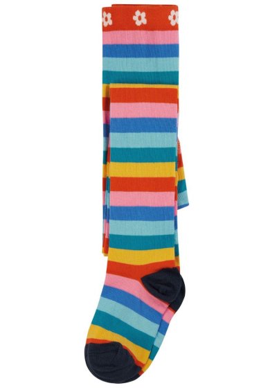 norah striped tights with aletrnating orange, yellow, teal, light blue, mid blue and pink stripes from frugi