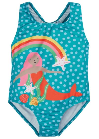 blue swimsuit with light blue spots and a fun mermaid and rainbow design from frugi