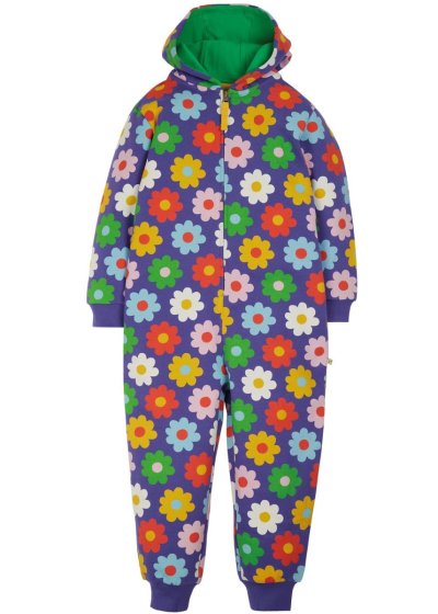 purple hooded zip through snuggle suit for children with bright flower print and green lining from frugi