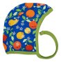 organic cotton children baby bonnet with fresh and zesty citrus print on blue from DUNS