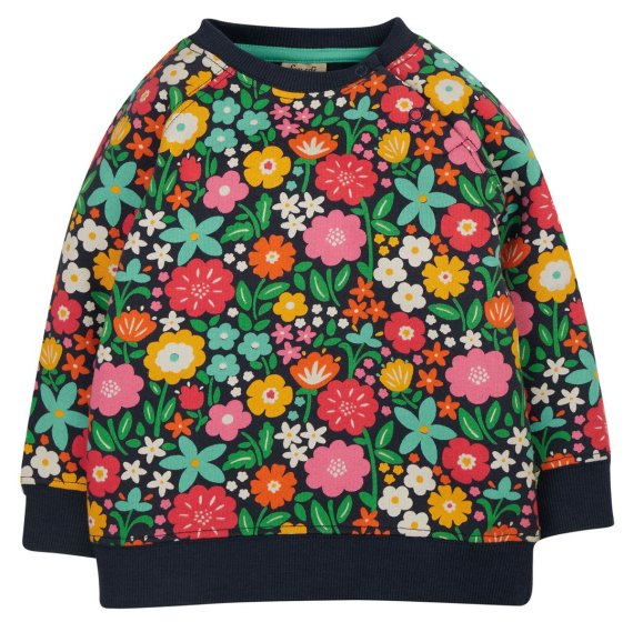  indigo blue jumper for toddlers and children with a bright and colourful floral print from frugi