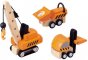 Plan Toys PlanWorld Construction Vehicles Set - This construction vehicle set for children includes a crane, forklift truck and dumper truck, made from solid sustainable rubber wood and brightly painted in orange and black.