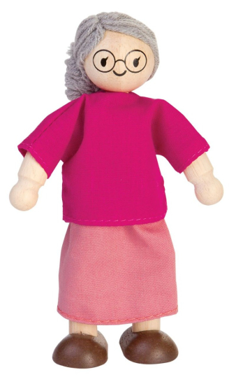 The Plan Toys grandmother wooden doll has a pink shirt and skirt, glasses, grey hair and bendy limbs to help her sit or stand
