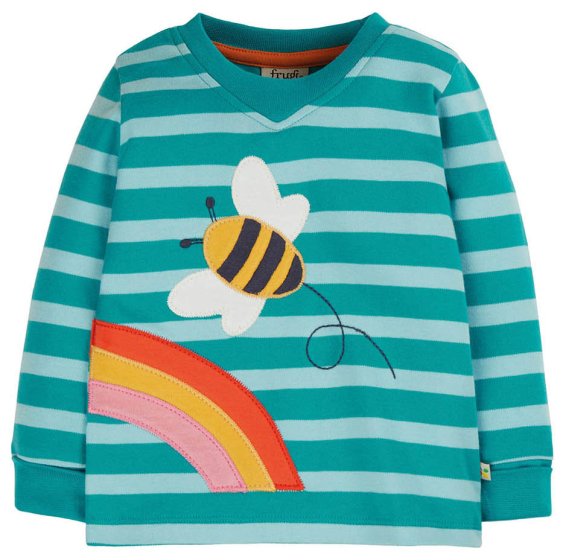 teal striped long sleeve top with the bee and rainbow applique and extendable cuffs from frugi