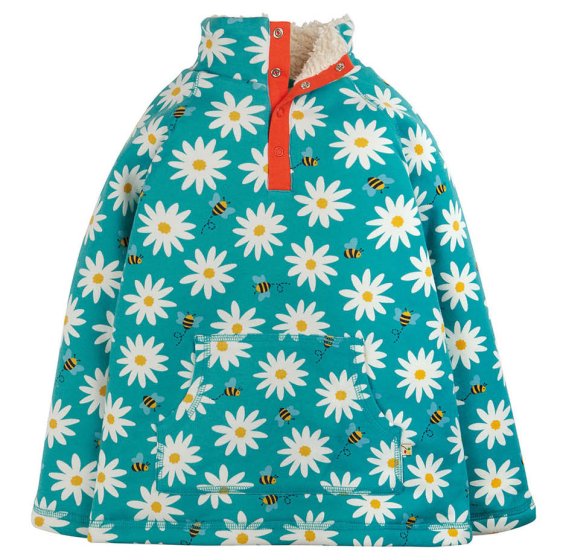 teal fleece with daisies and bees print and front pocket from frugi
