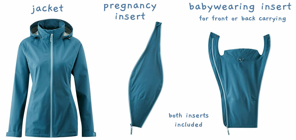 mamalila jacket shown with the pregnancy and babywearing inserts