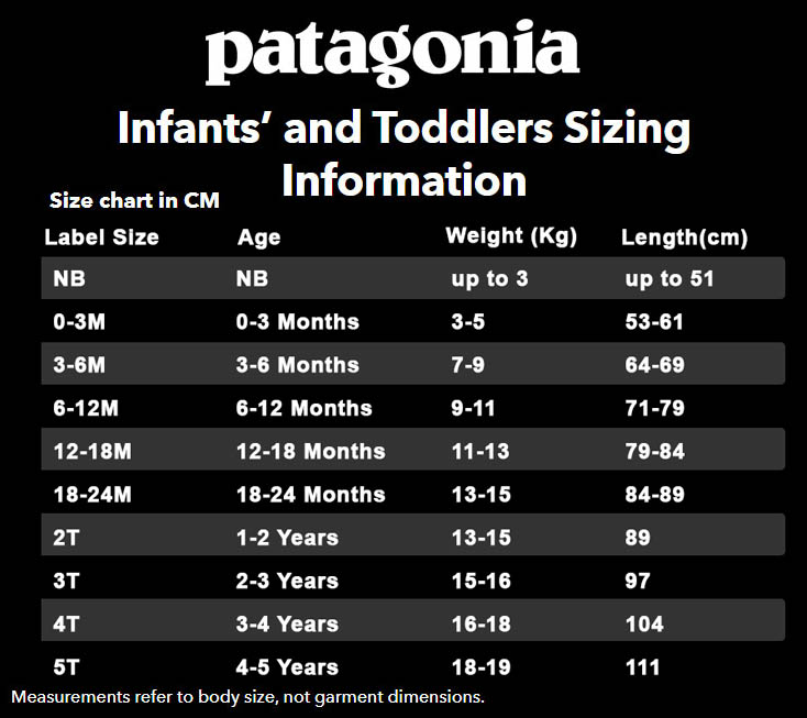 Patagonia baby and toddler size guide