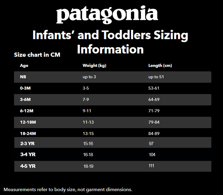 patagonia baby toddler size guide